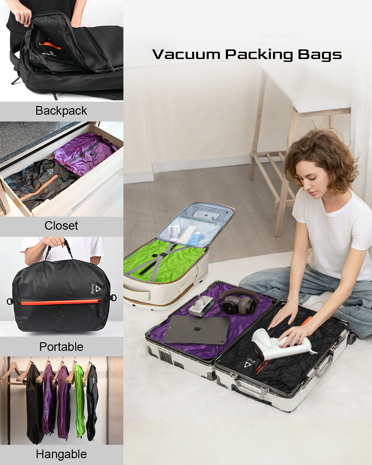 Zurligi Vacuum Compression Bags with Pump for Travel - Waterproof, Reusable, Removable Handle, Portable Travel Pack Vacuum Bag Kit for Camping, Gym, Beach, Moving
