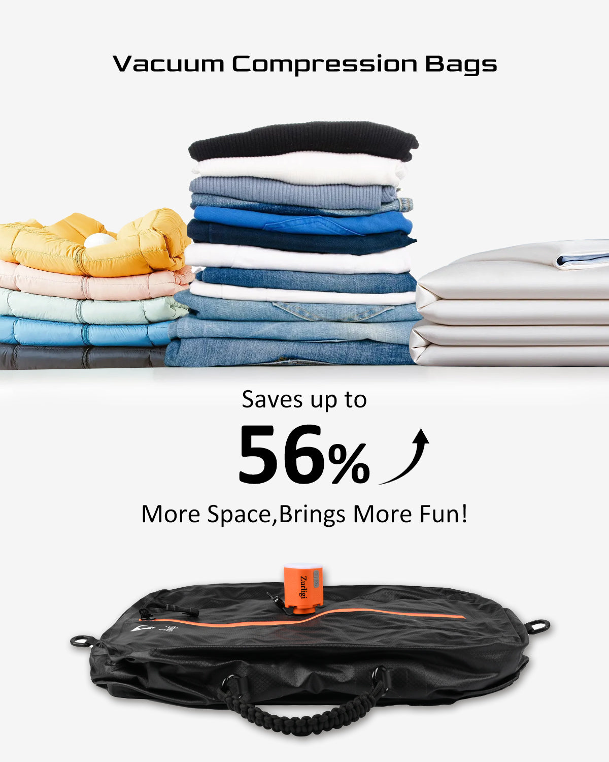 Zurligi Vacuum Compression Bags with Pump for Travel - Waterproof, Reusable, Removable Handle, Portable Travel Pack Vacuum Bag Kit for Camping, Gym, Beach, Moving