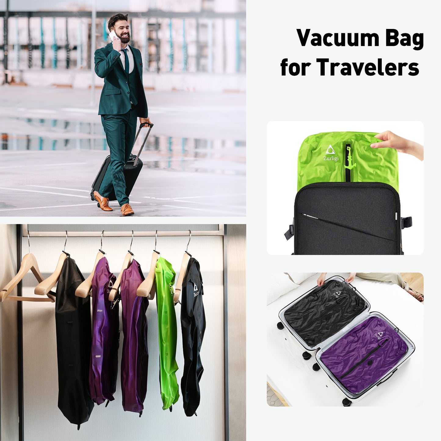 Zurligi Vacuum Bags for Travel with Pump, Vacuum Compression Bag with Adjustable Shoulder Strap, IP67 Reusable Vacuum Packing Cubes for Luggage, Backpack, Suitcase, Yoga, Swim, Beach