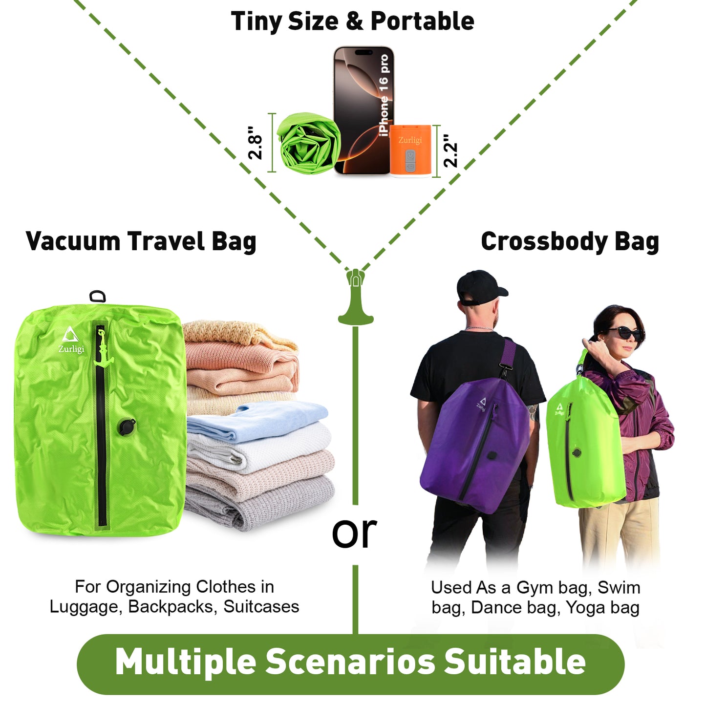 Zurligi Vacuum Bags for Travel with Pump, Vacuum Compression Bag with Adjustable Shoulder Strap, IP67 Reusable Vacuum Packing Cubes for Luggage, Backpack, Suitcase, Yoga, Swim, Beach
