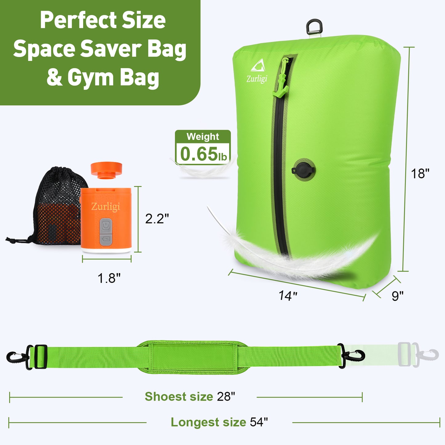 Zurligi Vacuum Bags for Travel with Pump, Vacuum Compression Bag with Adjustable Shoulder Strap, IP67 Reusable Vacuum Packing Cubes for Luggage, Backpack, Suitcase, Yoga, Swim, Beach