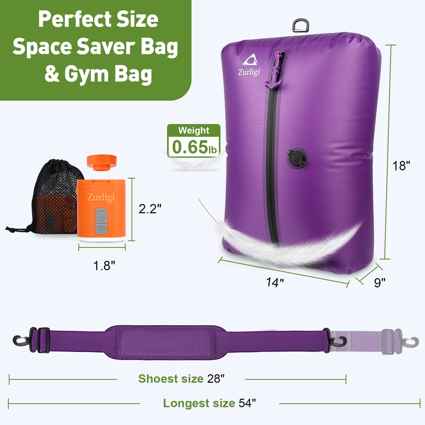 Zurligi Vacuum Bags for Travel with Pump, Vacuum Compression Bag with Adjustable Shoulder Strap, IP67 Reusable Vacuum Packing Cubes for Luggage, Backpack, Suitcase, Yoga, Swim, Beach