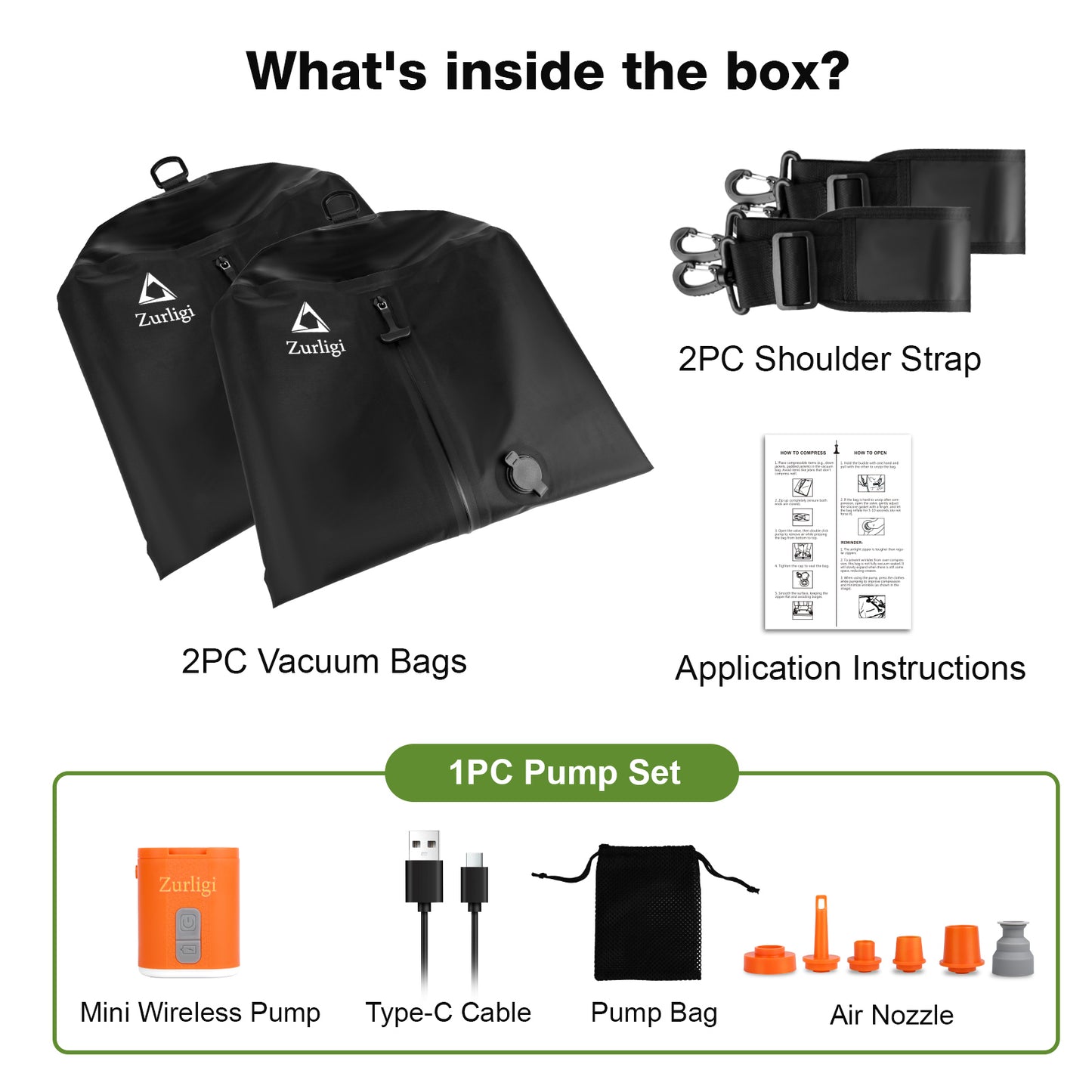 Zurligi Vacuum Bags for Travel with Pump, 40L Vacuum Compression Bag with Adjustable Shoulder Strap, IP67 Reusable Vacuum Packing Cubes for Luggage, Backpack, Suitcase, Yoga, Swim, Beach (2PC + +Black)