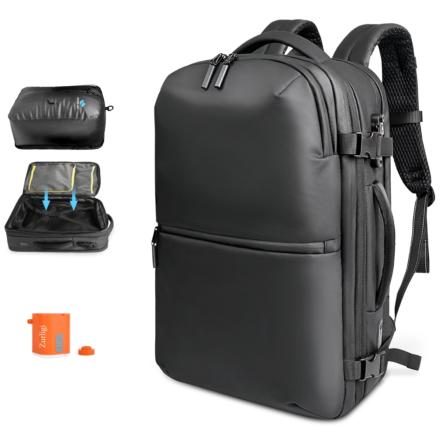 Zurligi Removable Vacuum Compression Travel Backpack with Detachable Space Saver Bag & Pump, TSA-Friendly Carry-On Vacuum Casual Backpack for Men & Women, USB Port, Water-Resistant, 30-60L Expandable