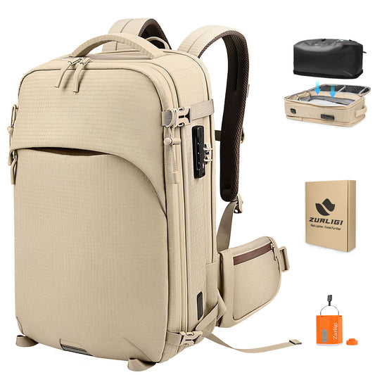 Zurligi Removable Waist Belt and Vacuum Bag Vacuum Seal Travel Backpack, Multifunctional Daypack for Outdoor & Weekend Trips, Beige Expandable 40-60L