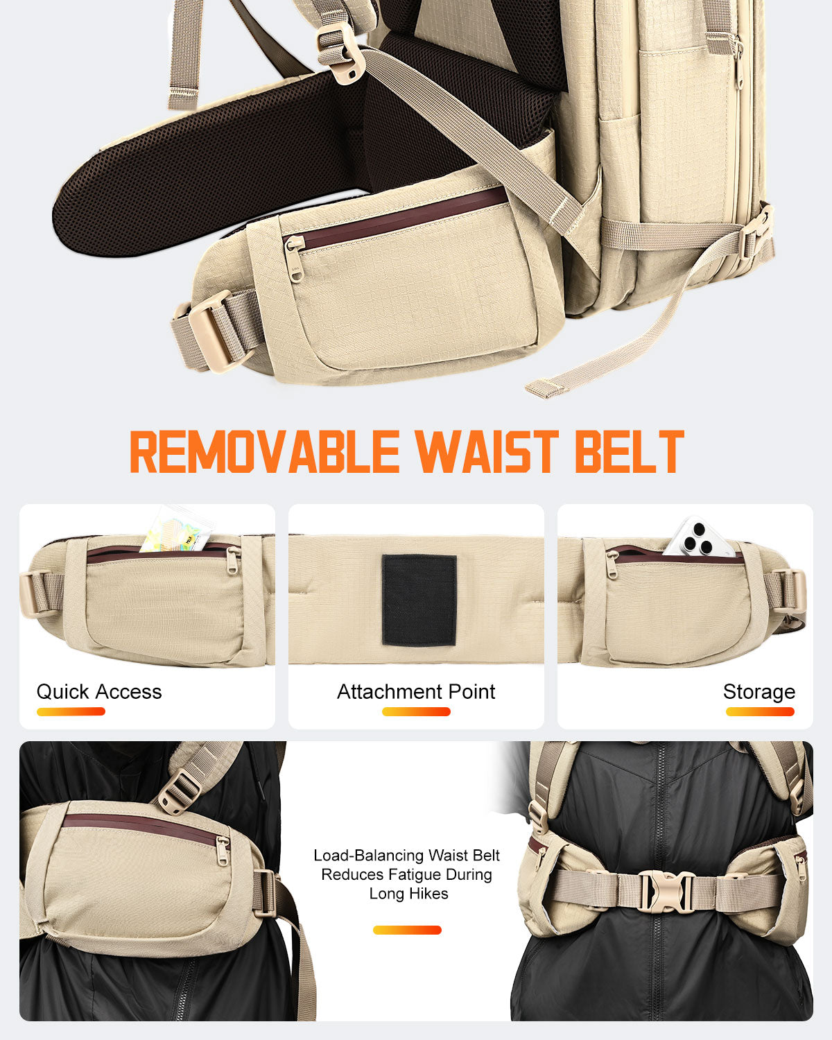 Zurligi Removable Waist Belt and Vacuum Bag Vacuum Seal Travel Backpack, Multifunctional Daypack for Outdoor & Weekend Trips, Beige Expandable 40-60L