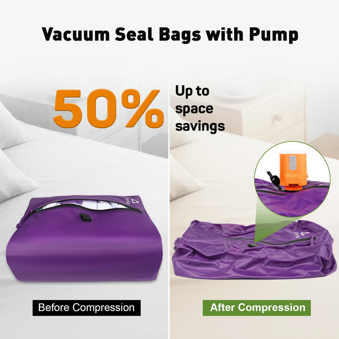 Zurligi Vacuum Bags for Travel with Pump, Vacuum Compression Bag with Adjustable Shoulder Strap, IP67 Reusable Vacuum Packing Cubes for Luggage, Backpack, Suitcase, Yoga, Swim, Beach