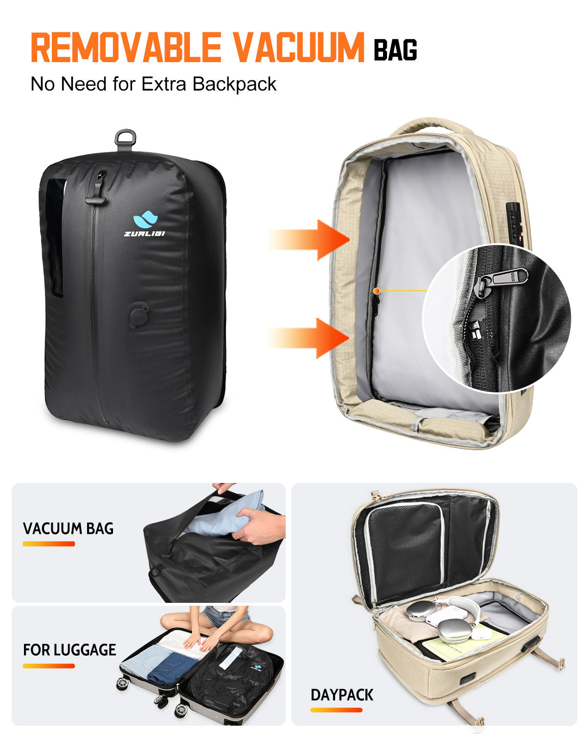 Zurligi Removable Waist Belt and Vacuum Bag Vacuum Seal Travel Backpack, Multifunctional Daypack for Outdoor & Weekend Trips, Beige Expandable 40-60L