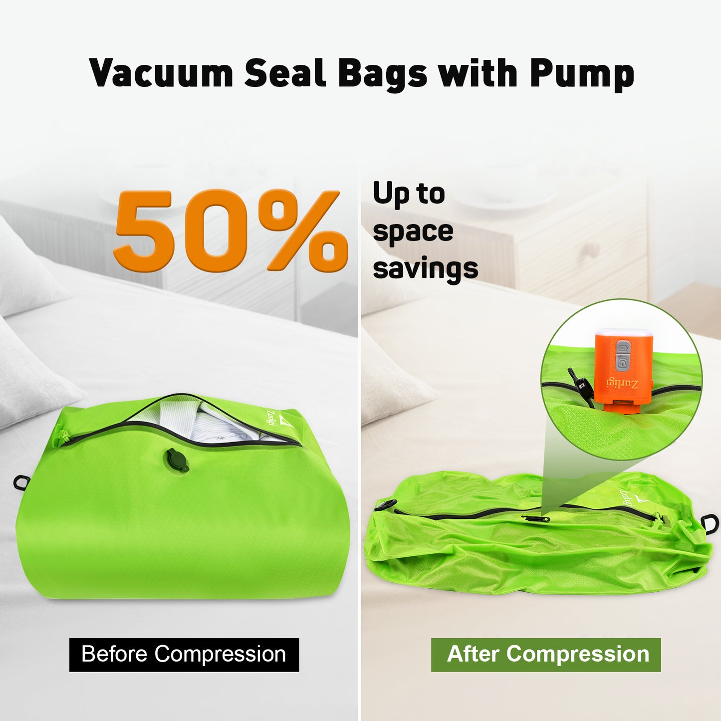 Zurligi Vacuum Bags for Travel with Pump, Vacuum Compression Bag with Adjustable Shoulder Strap, IP67 Reusable Vacuum Packing Cubes for Luggage, Backpack, Suitcase, Yoga, Swim, Beach