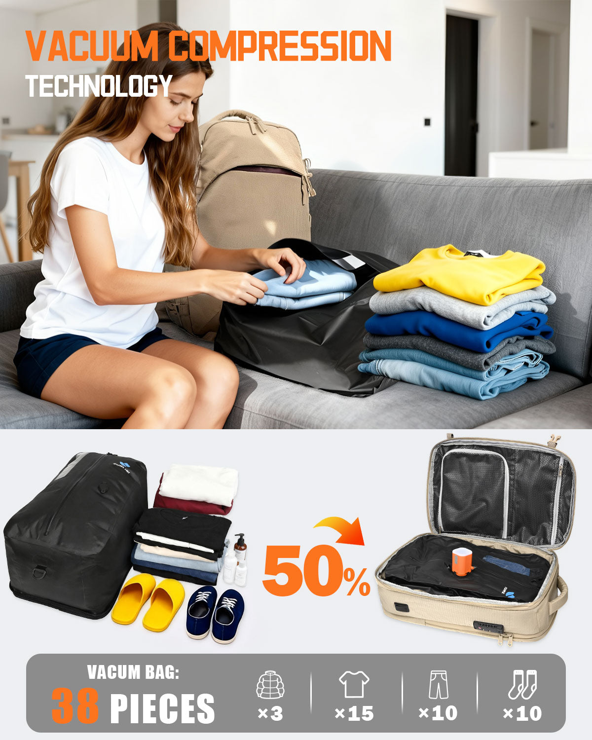 Zurligi Removable Waist Belt and Vacuum Bag Vacuum Seal Travel Backpack, Multifunctional Daypack for Outdoor & Weekend Trips, Beige Expandable 40-60L