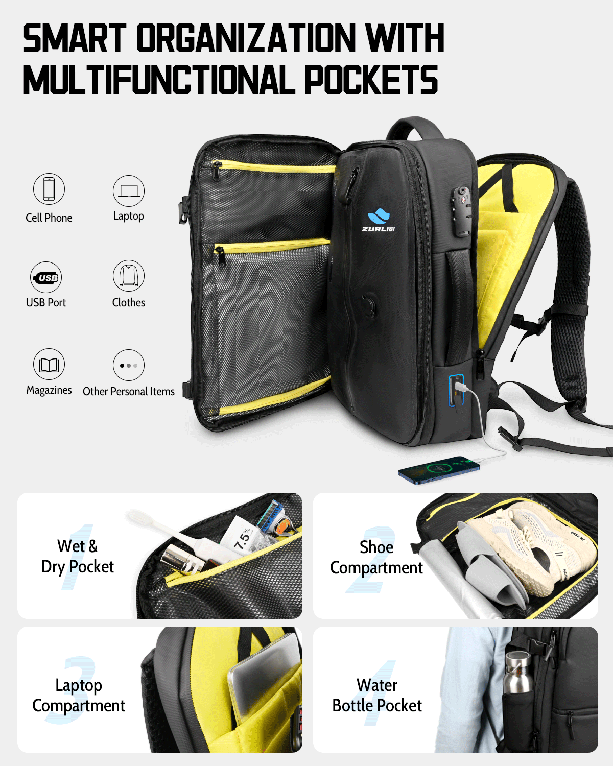 Zurligi Removable Vacuum Compression Travel Backpack with Detachable Space Saver Bag & Pump, TSA-Friendly Carry-On Vacuum Casual Backpack for Men & Women, USB Port, Water-Resistant, 30-60L Expandable