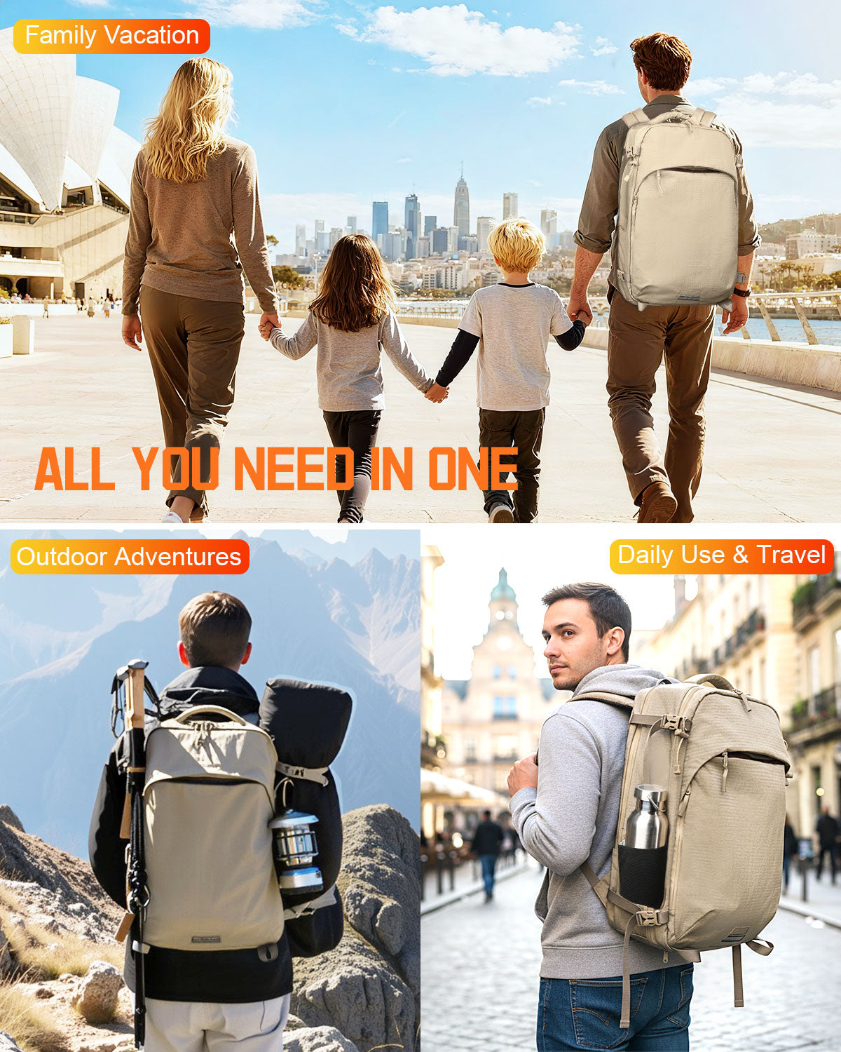 Zurligi Removable Waist Belt and Vacuum Bag Vacuum Seal Travel Backpack, Multifunctional Daypack for Outdoor & Weekend Trips, Beige Expandable 40-60L