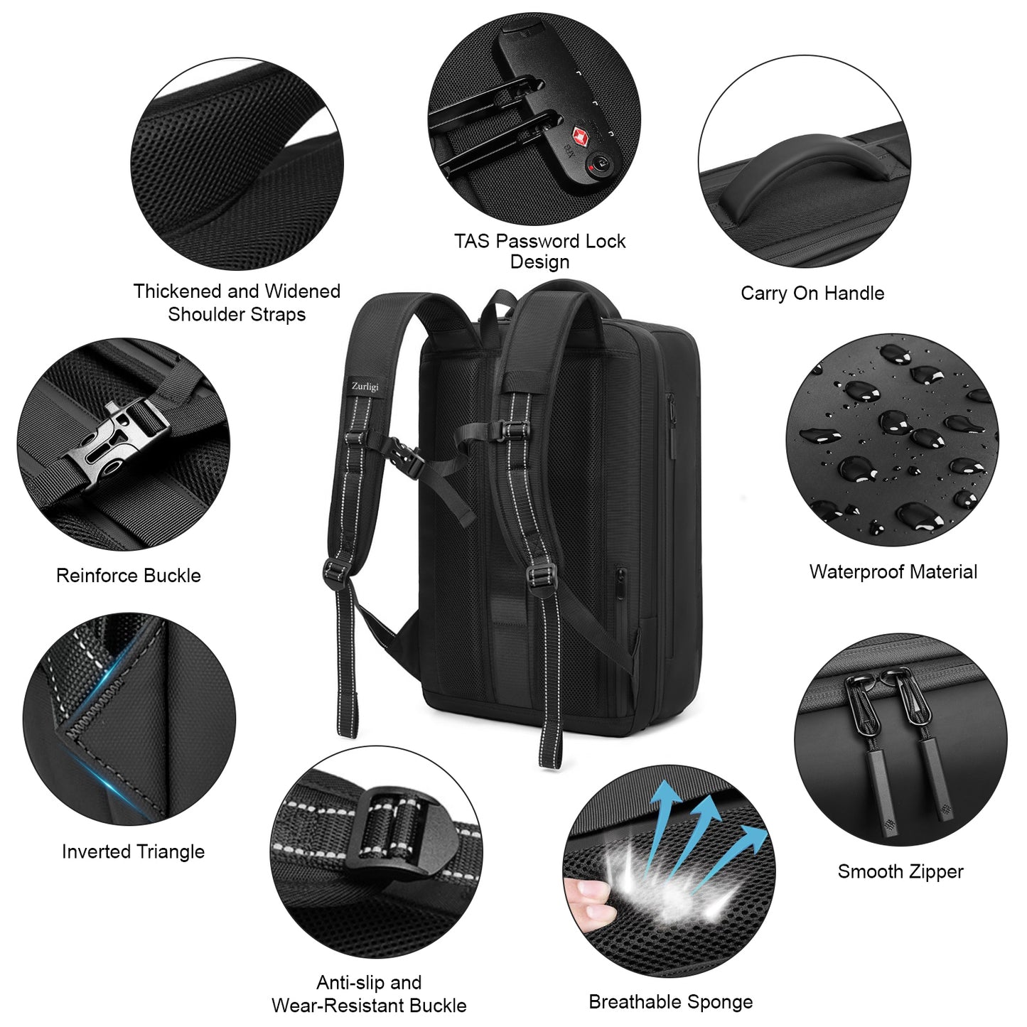 Zurligi Vacuum Backpack Travel - 70L Expandable Travel Backpack, Vacuum Compression Bag with Air Pump, USB Charging Port, Waterproof, Anti-Theft, Ideal for Laptop, Travel, Business, College, Camping