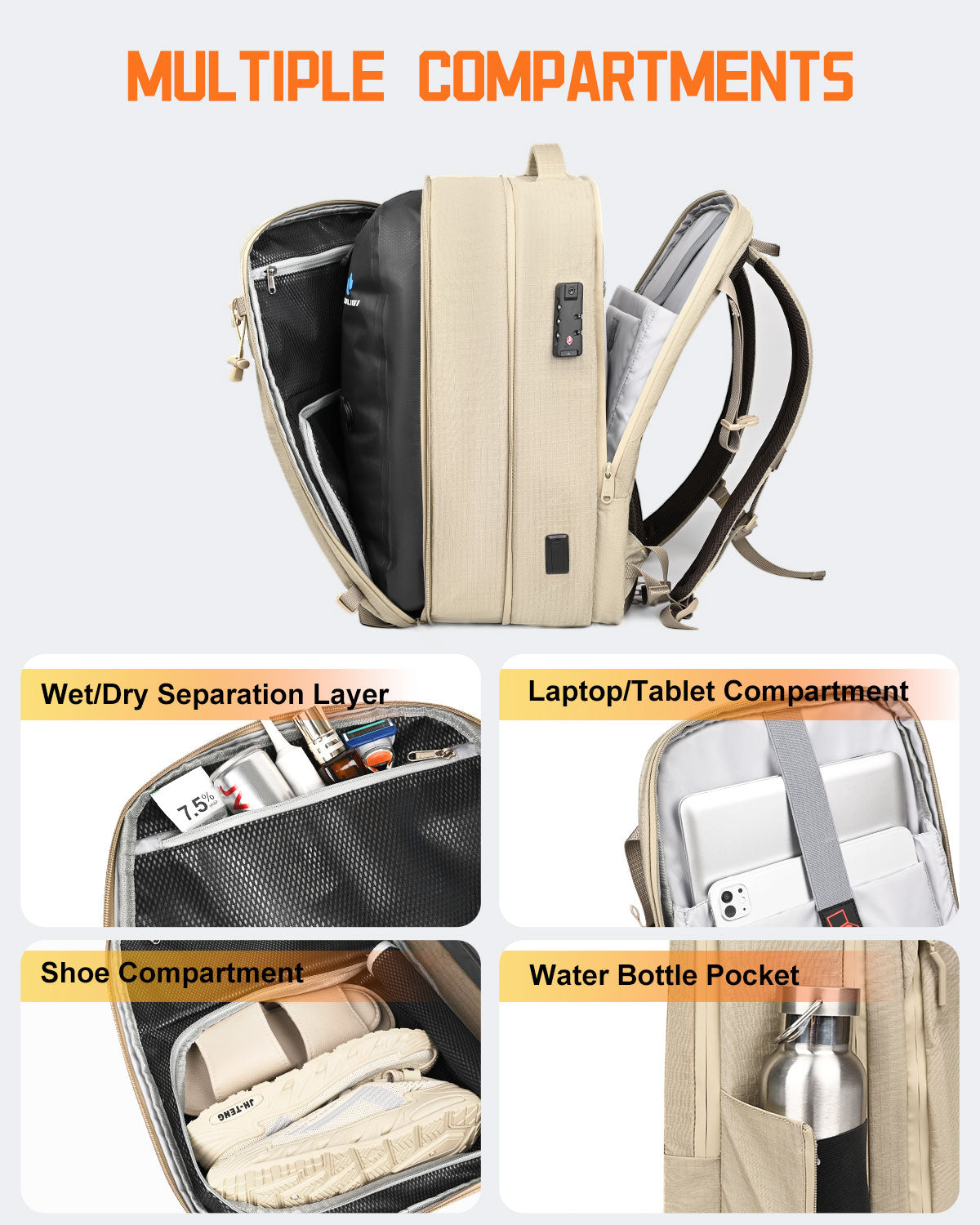 Zurligi Removable Waist Belt and Vacuum Bag Vacuum Seal Travel Backpack, Multifunctional Daypack for Outdoor & Weekend Trips, Beige Expandable 40-60L