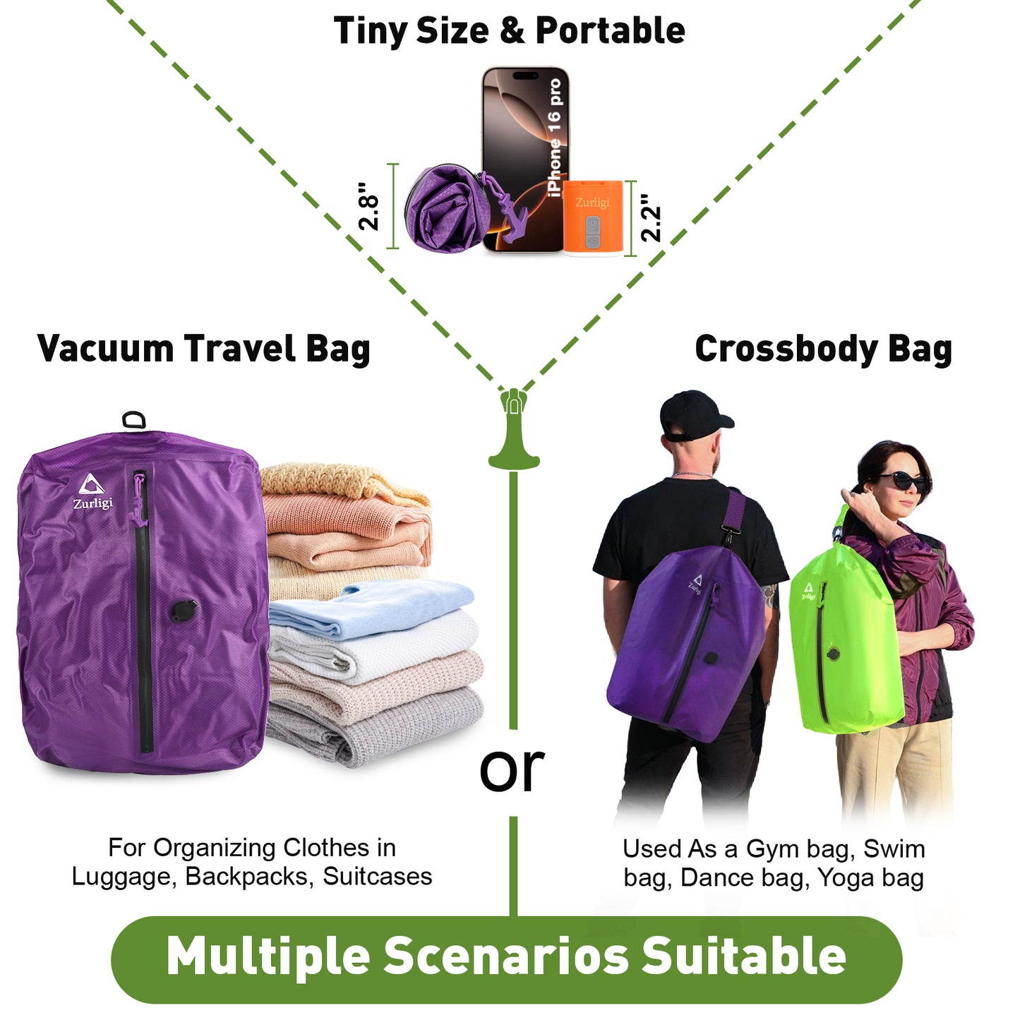 Zurligi Vacuum Bags for Travel with Pump, Vacuum Compression Bag with Adjustable Shoulder Strap, IP67 Reusable Vacuum Packing Cubes for Luggage, Backpack, Suitcase, Yoga, Swim, Beach