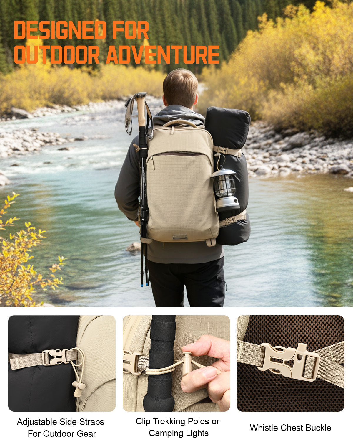 Zurligi Removable Waist Belt and Vacuum Bag Vacuum Seal Travel Backpack, Multifunctional Daypack for Outdoor & Weekend Trips, Beige Expandable 40-60L