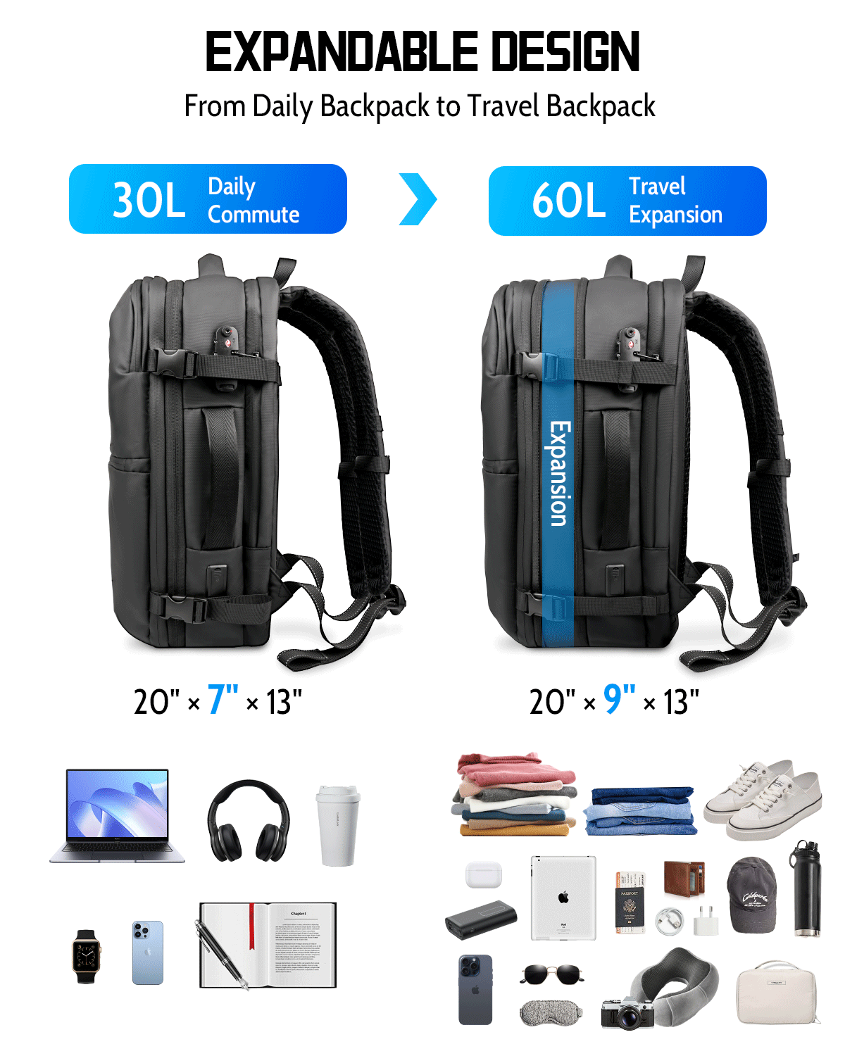 Zurligi Removable Vacuum Compression Travel Backpack with Detachable Space Saver Bag & Pump, TSA-Friendly Carry-On Vacuum Casual Backpack for Men & Women, USB Port, Water-Resistant, 30-60L Expandable
