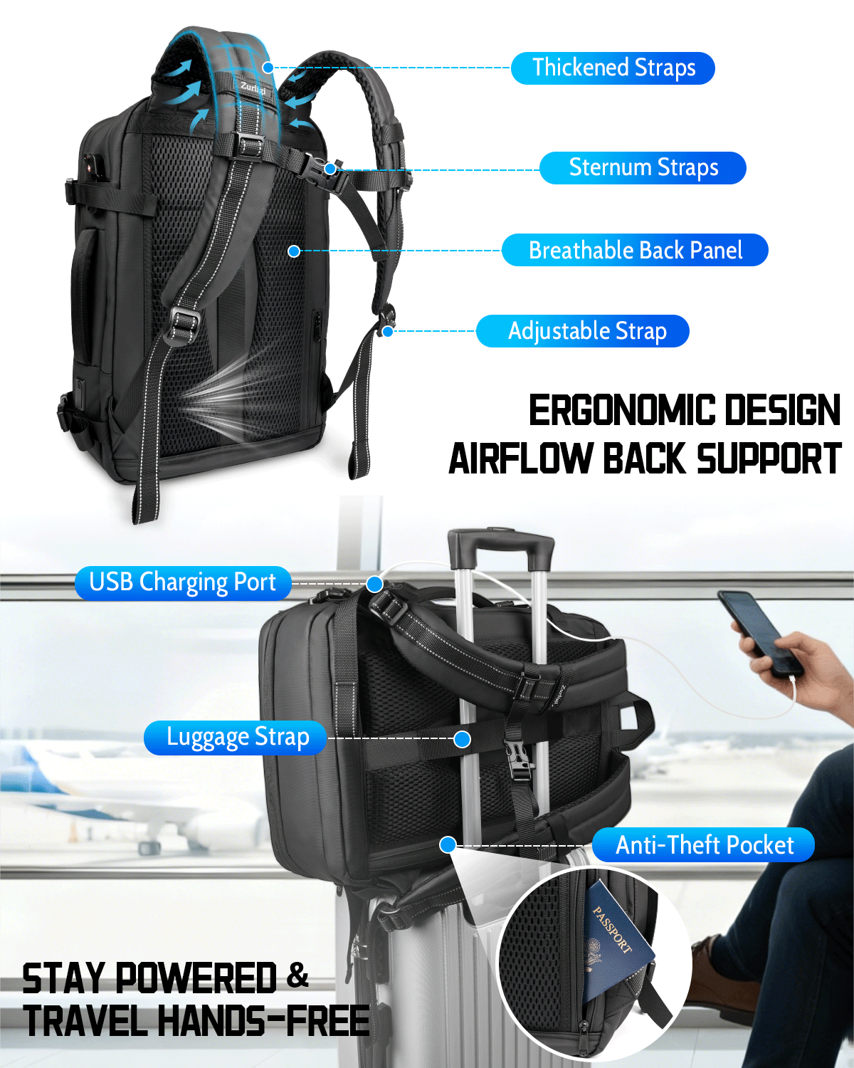 Zurligi Removable Vacuum Compression Travel Backpack with Detachable Space Saver Bag & Pump, TSA-Friendly Carry-On Vacuum Casual Backpack for Men & Women, USB Port, Water-Resistant, 30-60L Expandable