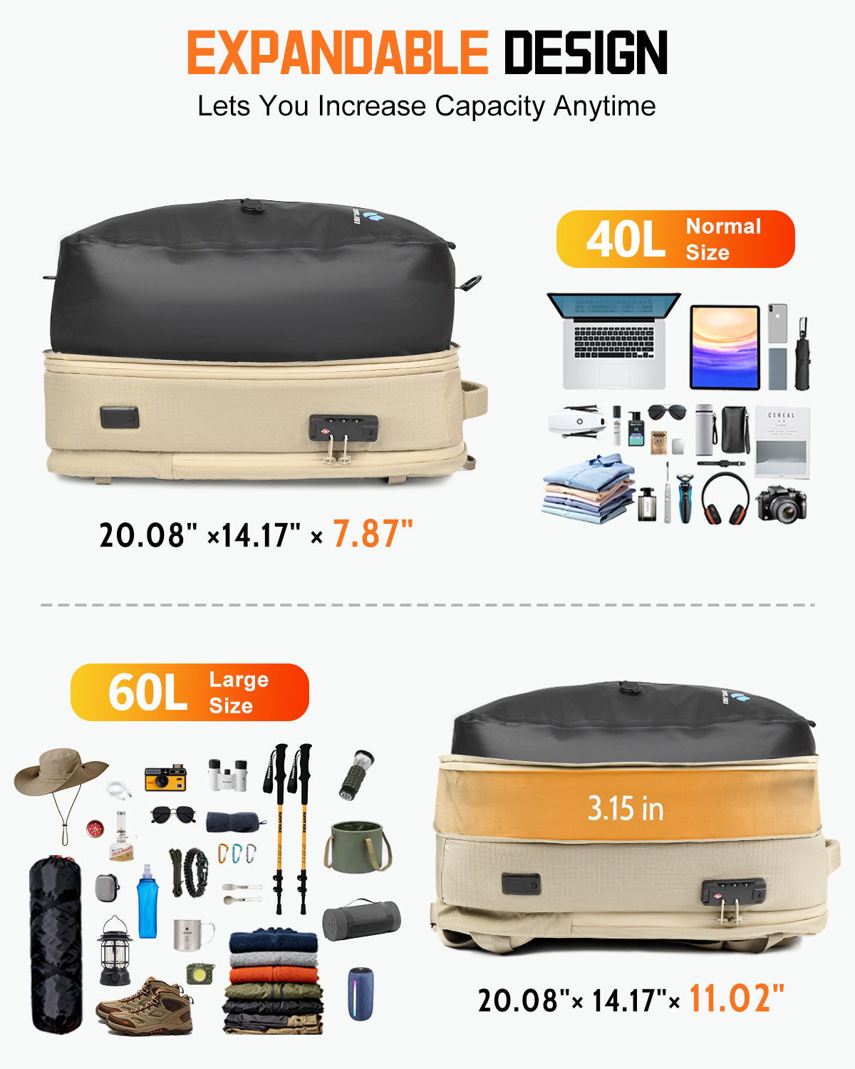 Zurligi Removable Waist Belt and Vacuum Bag Vacuum Seal Travel Backpack, Multifunctional Daypack for Outdoor & Weekend Trips, Beige Expandable 40-60L